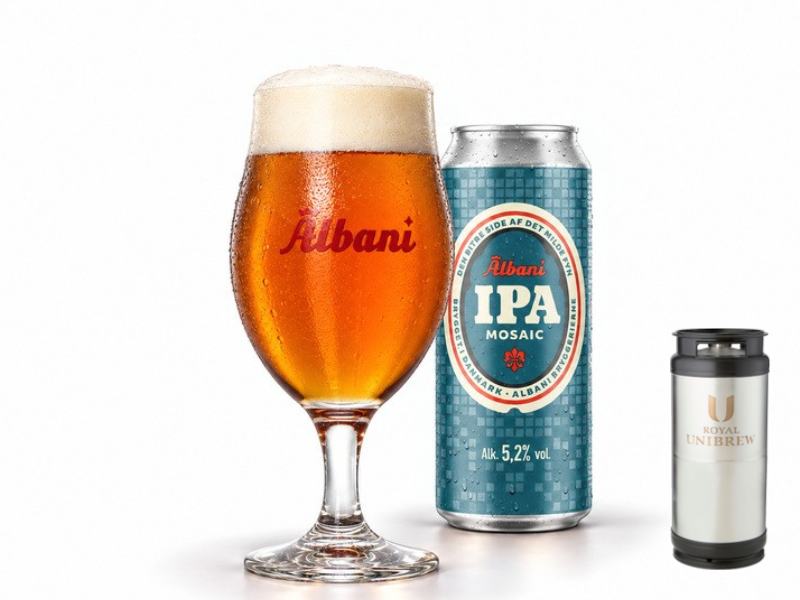 Albani IPA Mosaic i glas med dåse og 20 liters fustage