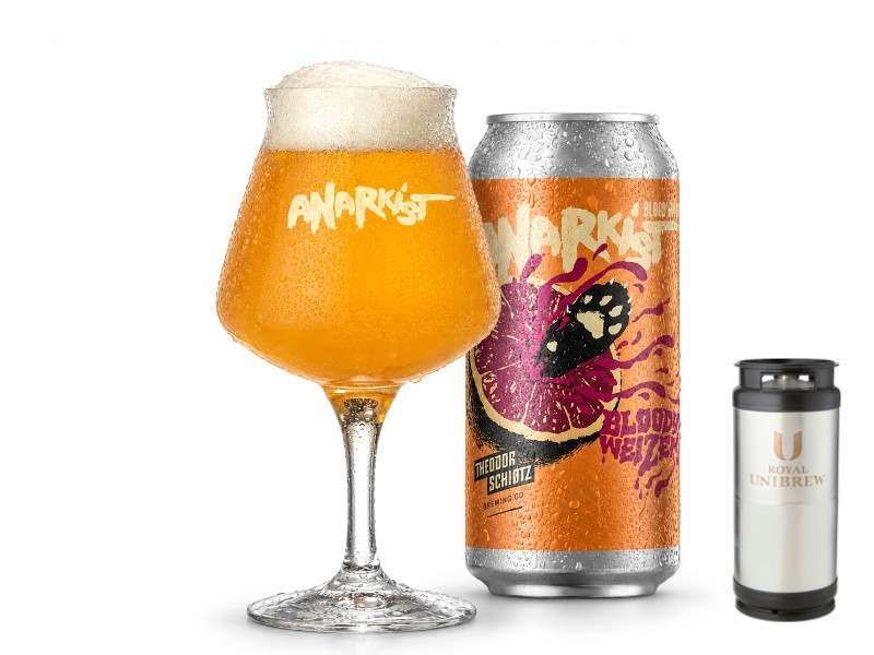 Anarkist Bloody Weizen i glas med dåse og 20 liters fustage