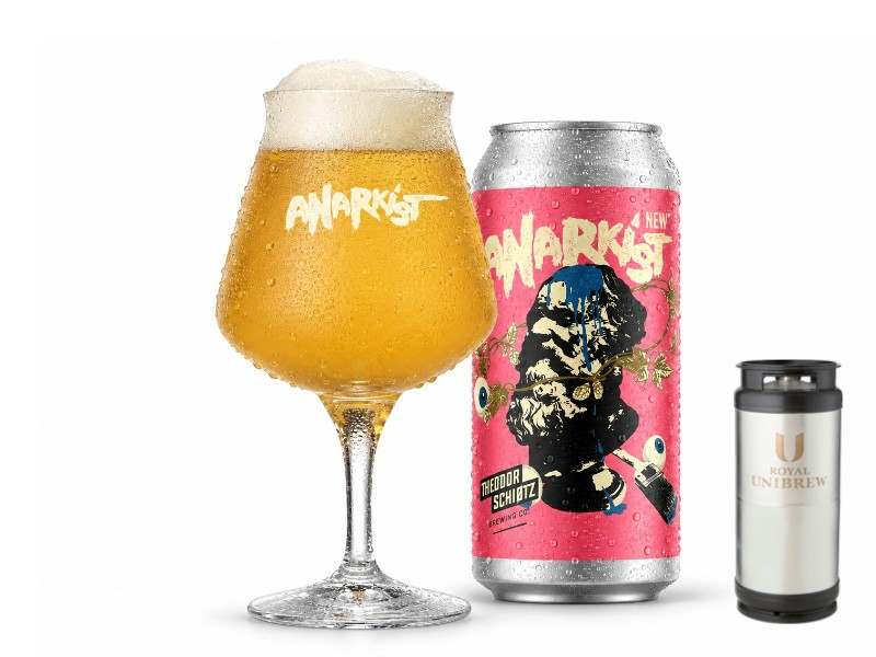 Anarkist New England IPA i glas med dåse og 20 liters fustage