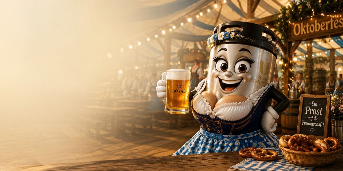 Oktoberfeststemning med fustage i dirndl, ølkrus og brezn