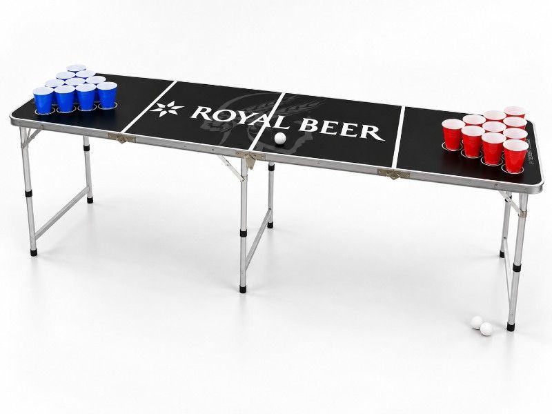 Beer pong-bord med røde og blå krus og bolde – til leje