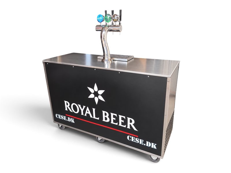 Fadølsanlæg med tre haner og bordplade i rustfrit stål på hjul – til leje