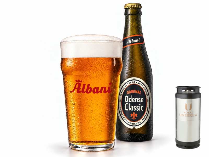 Albani Odense Classic i glas med flaske og 20 liters fustage