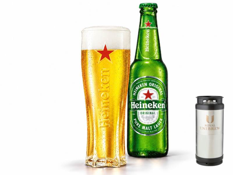 Heineken fadøl i glas med flaske og 20 liters fustage