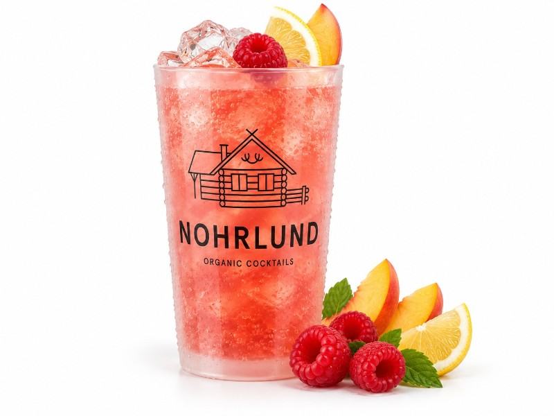 Nohrlund Raspberry Peach med hindbær og fersken i plastkrus – fra fustage på 20 liter