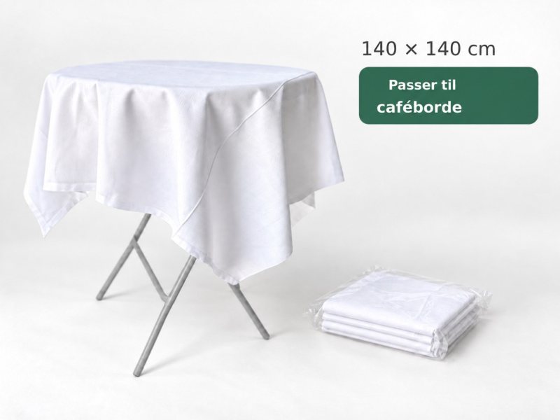 Hvid stofdug 140 x 140 cm på cafébord – til leje