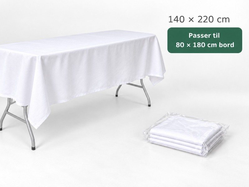 Hvid stofdug 140 x 220 cm på klapbord 80 x 180 cm – til leje
