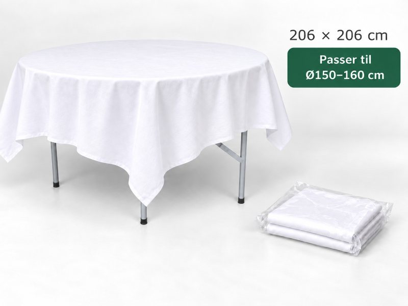 Hvid stofdug 206 x 206 cm på rundt bord, passer til Ø150–160 cm – til leje