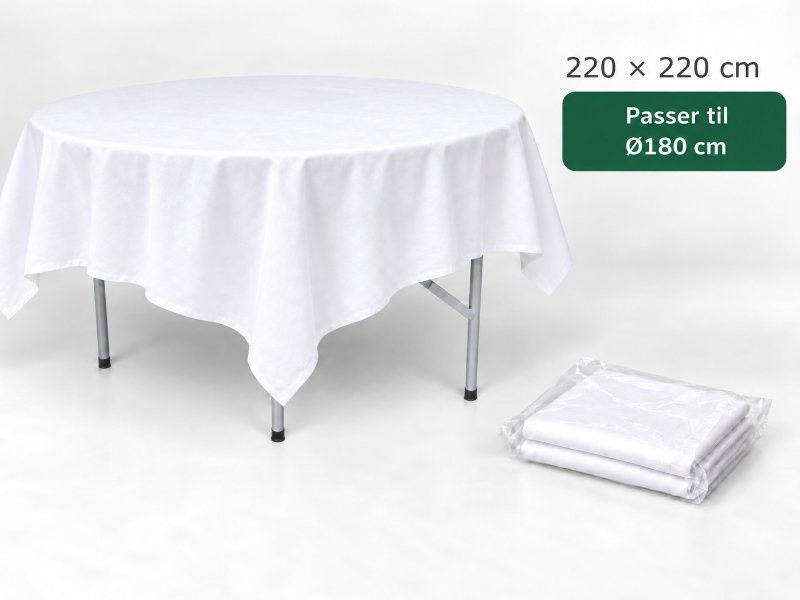 Hvid stofdug 220 x 220 cm på rundt bord, passer til Ø180 cm – til leje